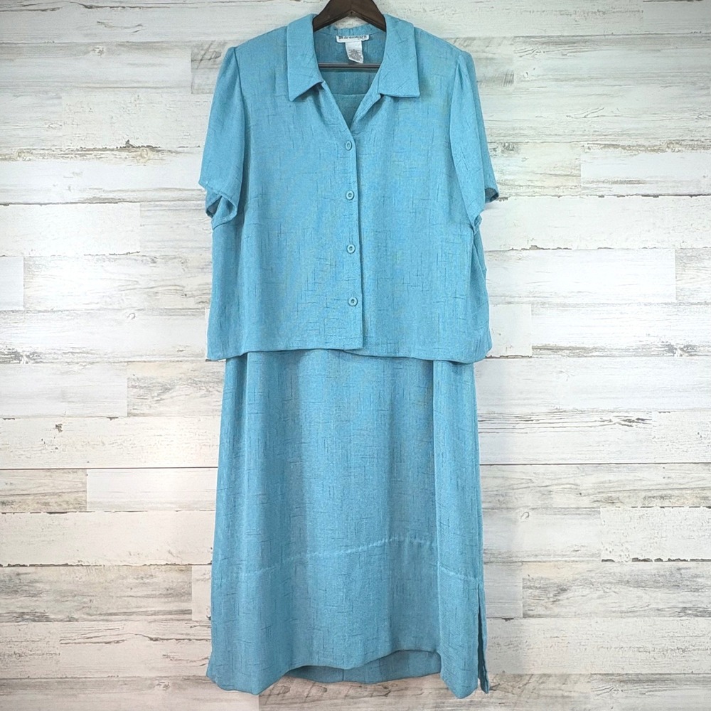 Dressbarn Woman 18W 2 Piece Dress Set Teal Blue Textured Shirt Jacket Midi Lined